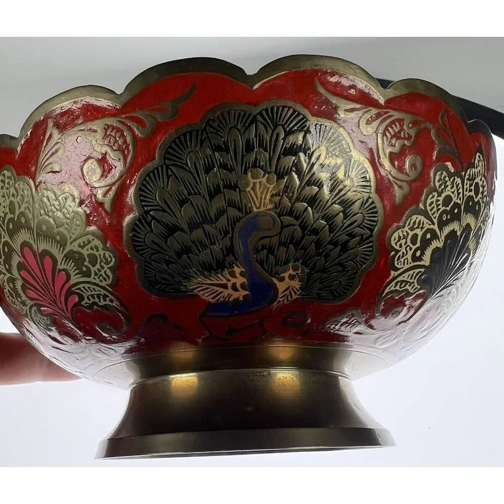 Vintage Enesco Imports Enameled Solid Brass Peacock‎ Bowl Made in India (8c7)
